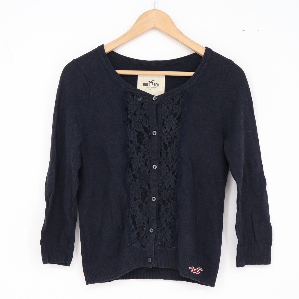 Hollister Cardigan Womens L Lace Front Navy Blue 3/4 Sleeve Knit Excellent